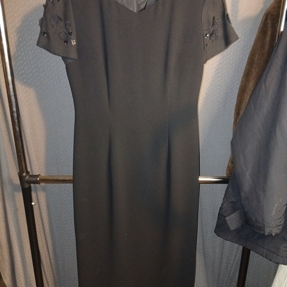 Donna Morgan Elegant Black Dress with Embroidered Sleeves Y2K Zip Faux Button